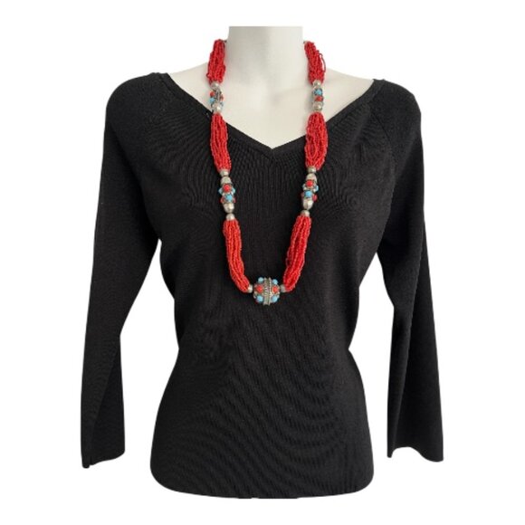 VTG Multi-strand Coral/ Turquoise Colored Statement Necklace with Tibetan Silver - Picture 2 of 6